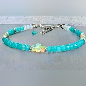 Blue Apatite & Welo Opal Gemstone Bracelet in Sterling Silver
